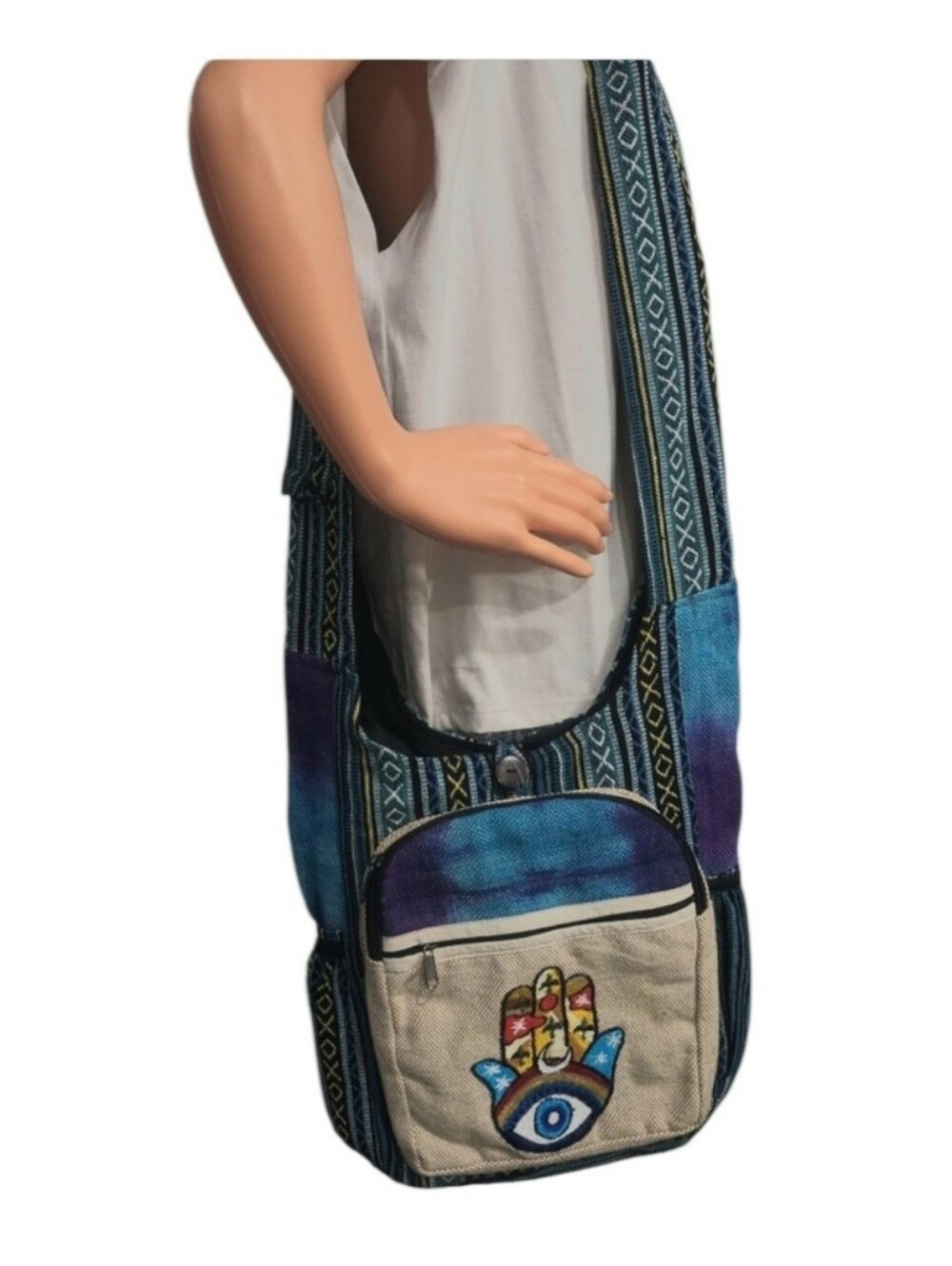 Boho Blue & Purple Crossbody Shoulder Bag with Embroidered Hamsa